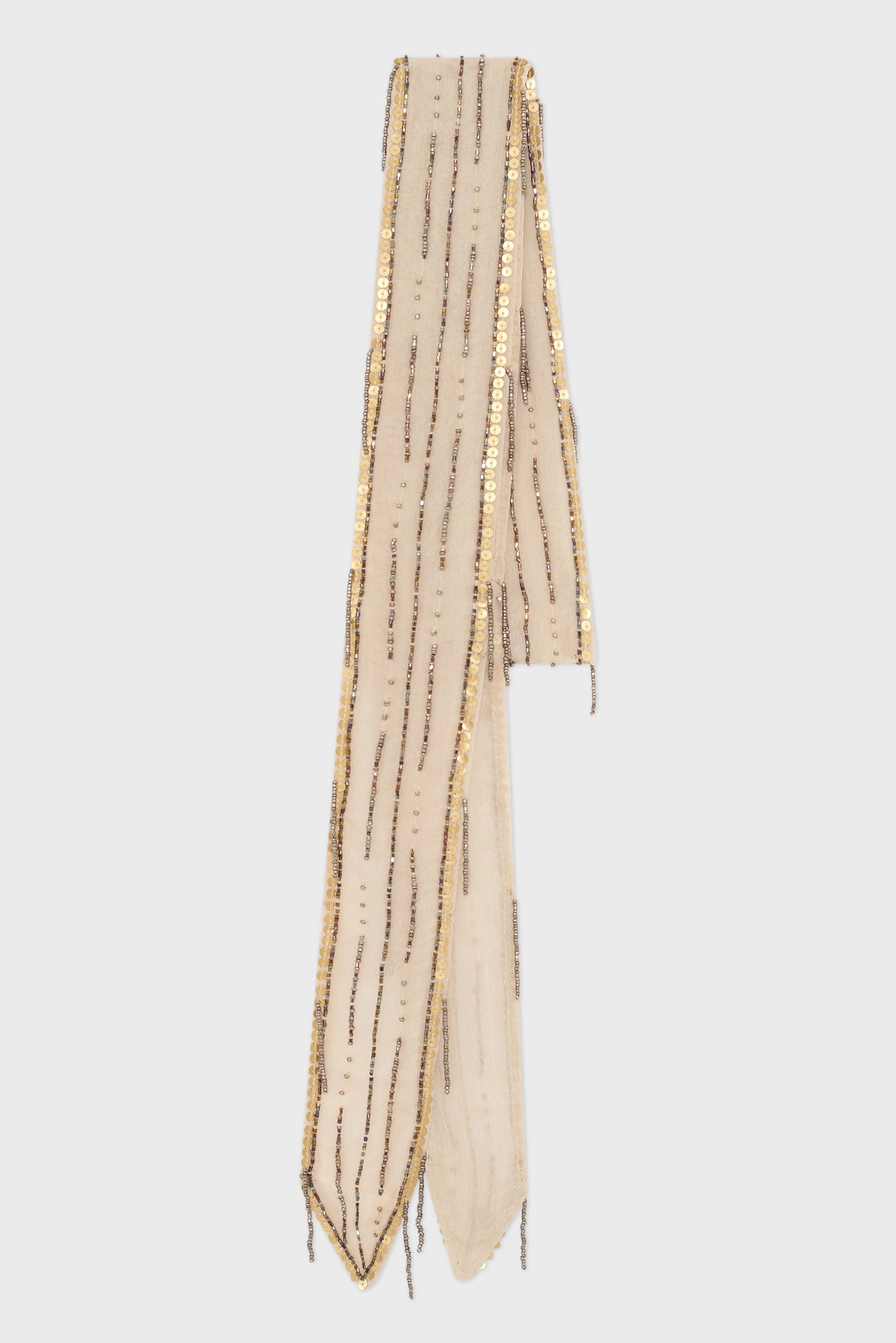A long, narrow cream-colored foulard voile sable scarf with gold sequin stripes and gold trim, displayed against a plain white background.