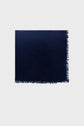 A dark blue rectangular scarf, or écharpe bleu, with short fringe along one edge, displayed flat against a plain light gray background.