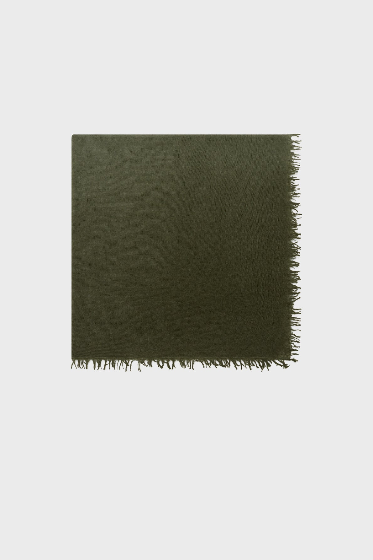 A dark olive green rectangular scarf, reminiscent of an élégante écharpe kaki, with short fringe along one edge, displayed flat on a white background.