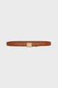A slim brown ceinture en cuir with a gold rectangular buckle and visible stitching, this ceinture élégante is displayed on a plain white background.
