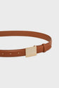 A brown ceinture en cuir with a gold rectangular buckle and Esprit engraved on the front, this ceinture élégante is showcased against a plain white background.