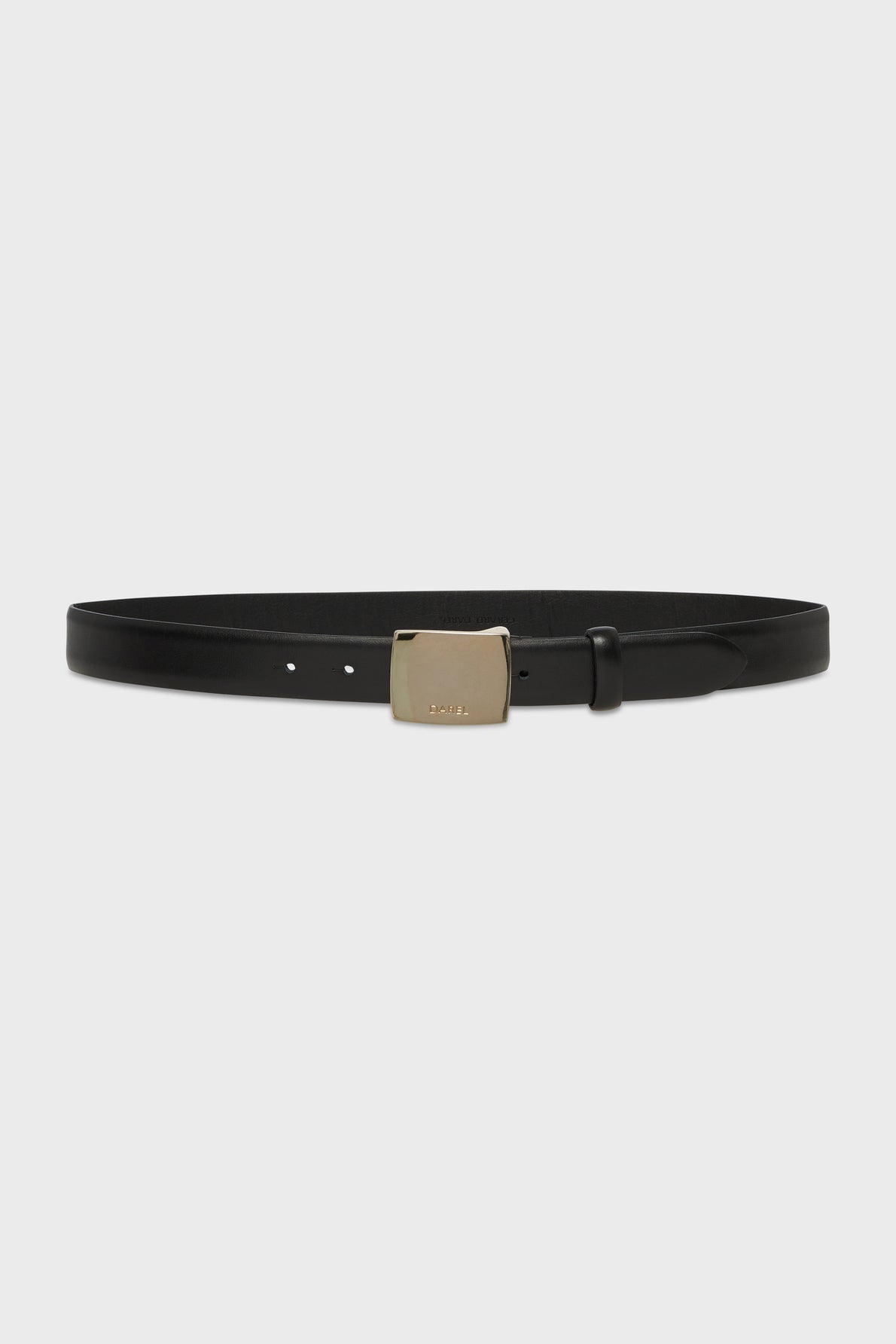 A black leather belt with a rectangular silver buckle, displayed against a plain white background, this ceinture cuir is the perfect accessoire mode to elevate any look.
