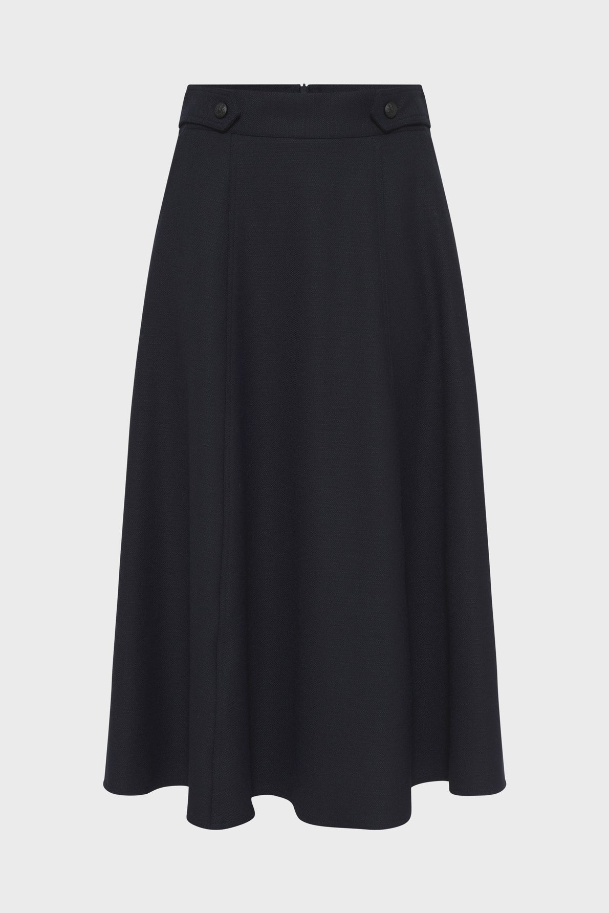 A black, knee-length jupe évasée with a waistband featuring two decorative buttons near the hips, displayed on a plain white background.