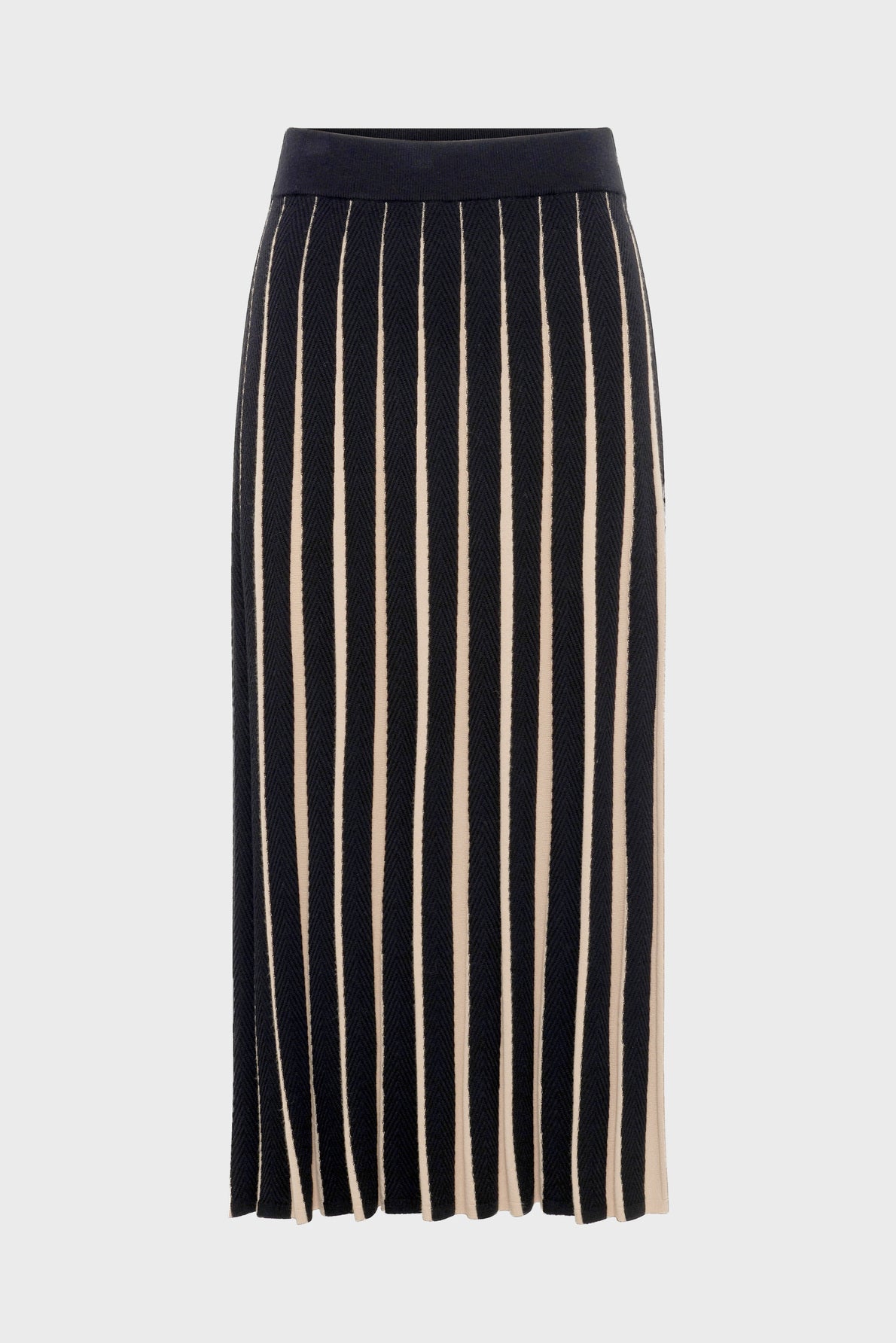A black jupe mi-longue with vertical beige motif à rayures and a solid black waistband, displayed on a plain light background.