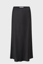 A black, midi-length satin skirt with a slight flare, shown against a plain white background.