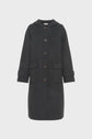 Dark gray, knee-length manteau laine with long sleeves, front button closure, two large front pockets, and a simple collar, displayed on a plain white background.