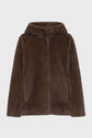 A brown manteau à capuche en fausse fourrure with long sleeves and two side pockets, displayed on a plain white background.