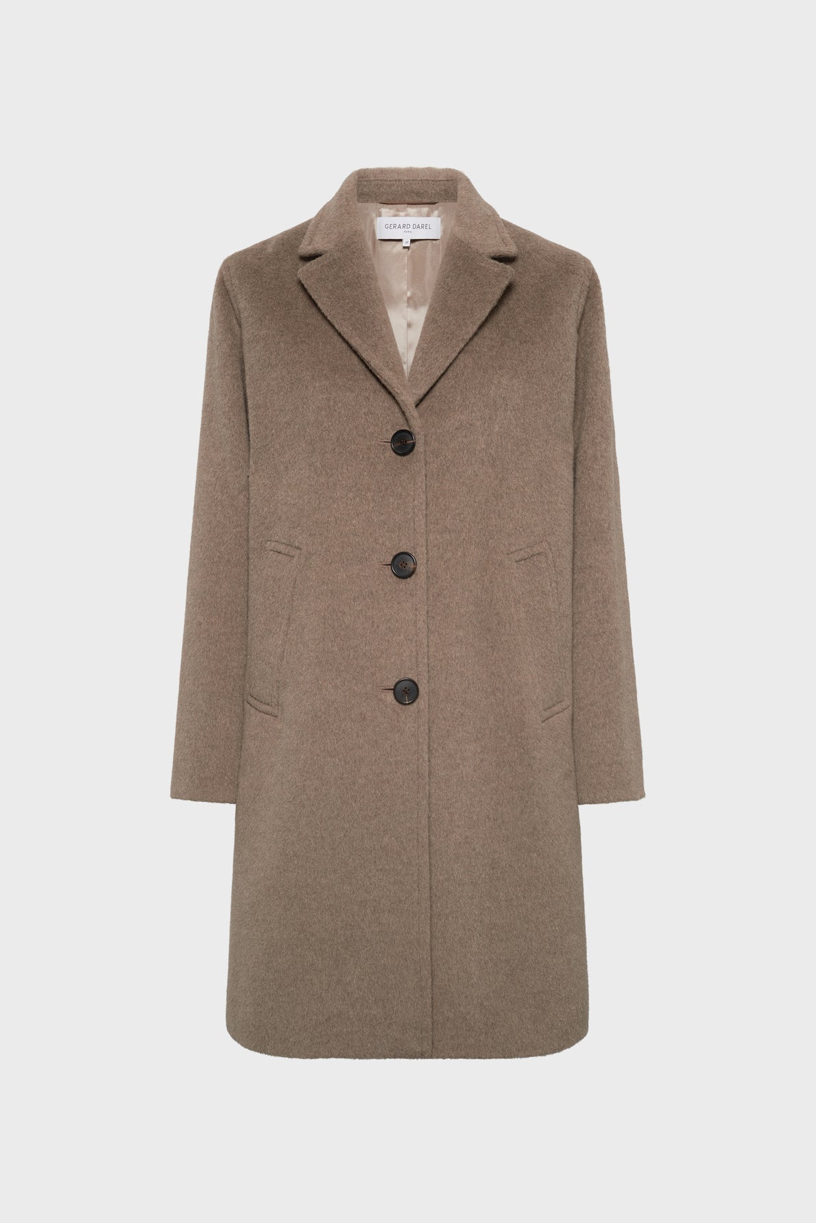 A long, brown manteau laine with a notched collar, three black buttons down the front, two side pockets, and beige lining, displayed against a plain white background.