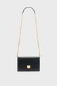 A black leather shoulder bag with a gold chain strap and a rectangular shape, featuring a gold clasp closure on the front, displayed against a plain white background—this sac bandoulière femme is the perfect accessoire tendance to elevate any outfit.