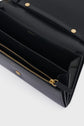 Open black leather wallet with gold snaps and zipper, showing multiple compartments and card slots, photographed from above on a white background—an accessoire tendance that pairs perfectly with your favorite sac bandoulière femme or serves as a chic pochette enveloppe cuir for any occasion.
