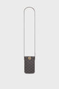 Small, rectangular crossbody bag with a long strap, patterned with a repeating dark brown geometric design in toile enduite monogrammée and finished with a gold clasp on the front. This accessoire tendance is displayed on a plain white background.