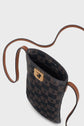 A black and brown checkered crossbody bag crafted in toile enduite monogrammée with a gold clasp is shown open, viewed from above, serving as an accessoire tendance. Its brown strap is loosely arranged in an S-shape on a light background, making it the perfect porte-téléphone for stylish outings.