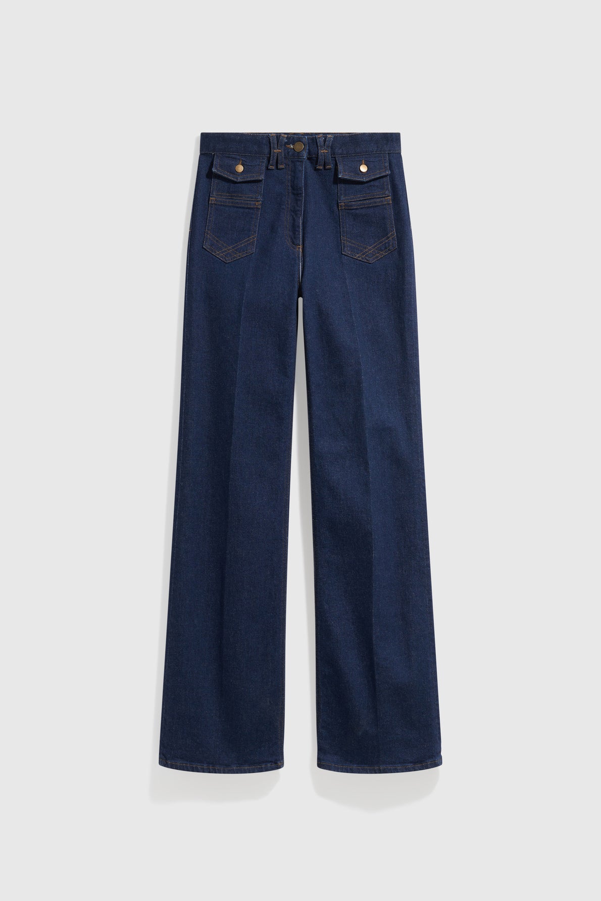 Dark blue, high-waisted wide-leg jeans—also known as jean flare Anna—with two front flap pockets, gold buttons, and visible seam detailing, displayed flat on a light background.