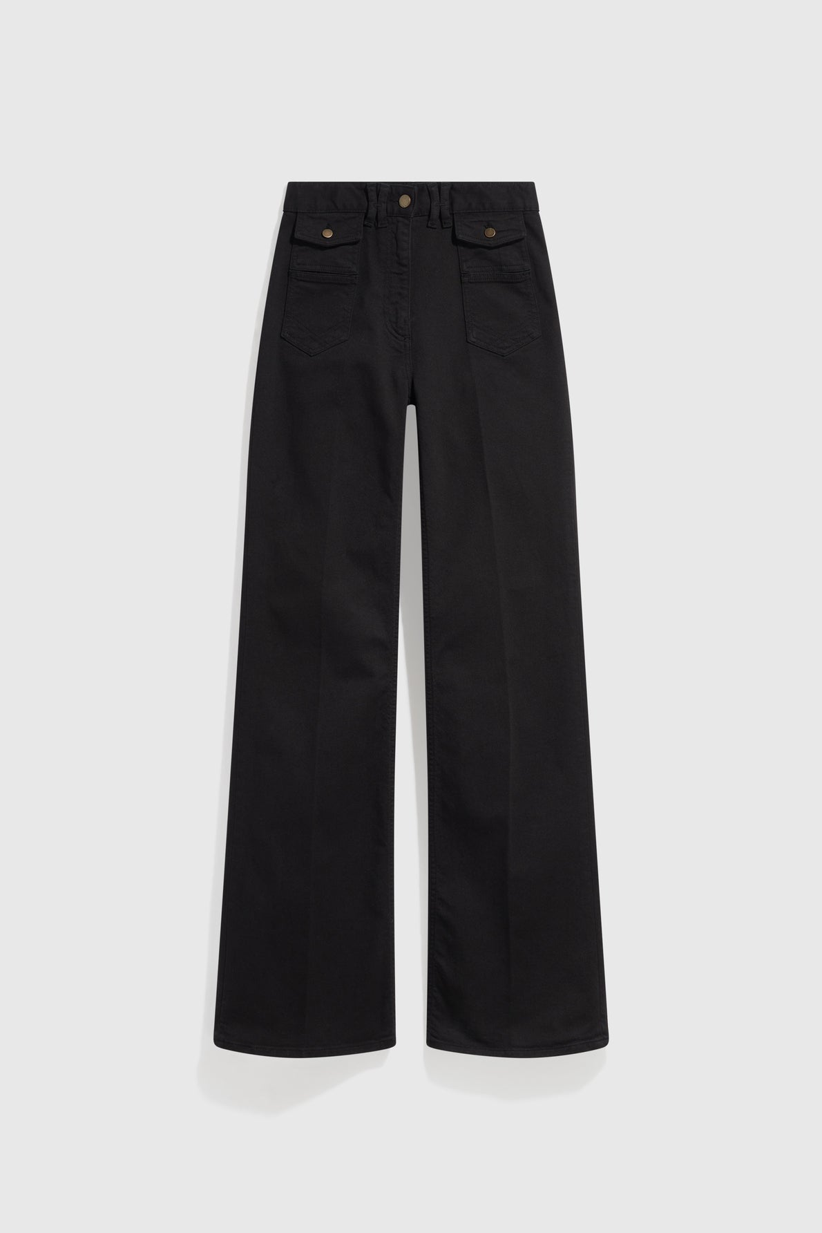 High-waisted, wide-leg black pants (pantalon taille haute jean noir) with front button closure, two front pockets, and two back pockets, laid flat on a white background.