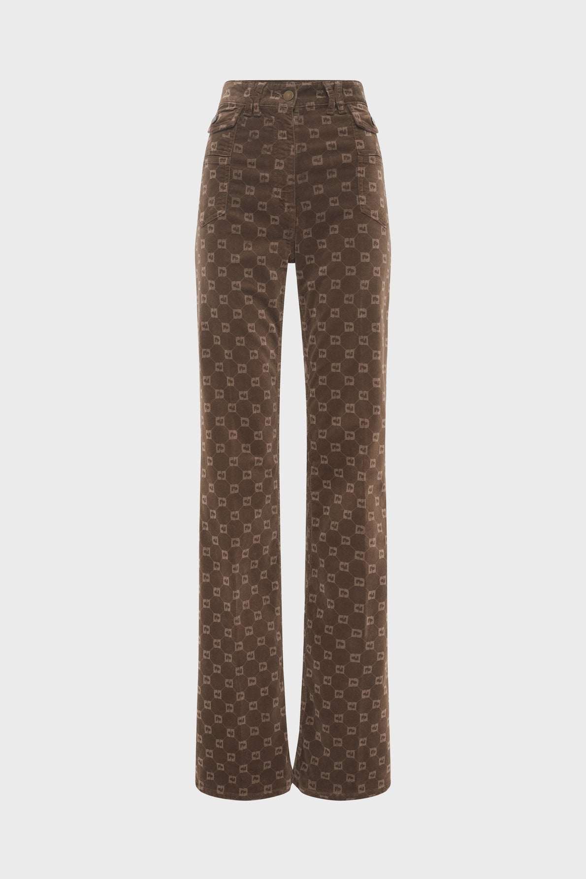 Brown high-waisted pants with a wide-leg fit and an all-over geometric square pattern, displayed against a plain white background.