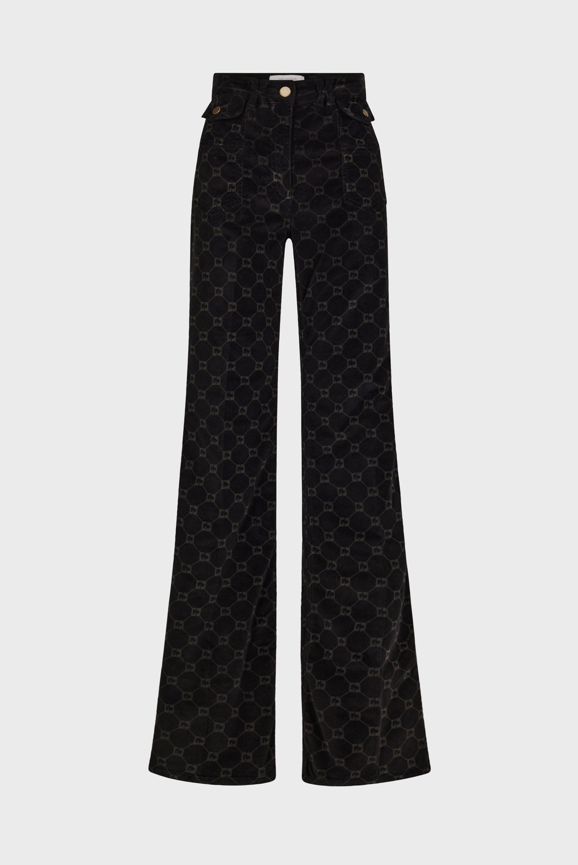High-waisted black velvet pants with flared legs, featuring a subtle geometric pattern reminiscent of a monogramme GD and front button closure, displayed on a plain white background.