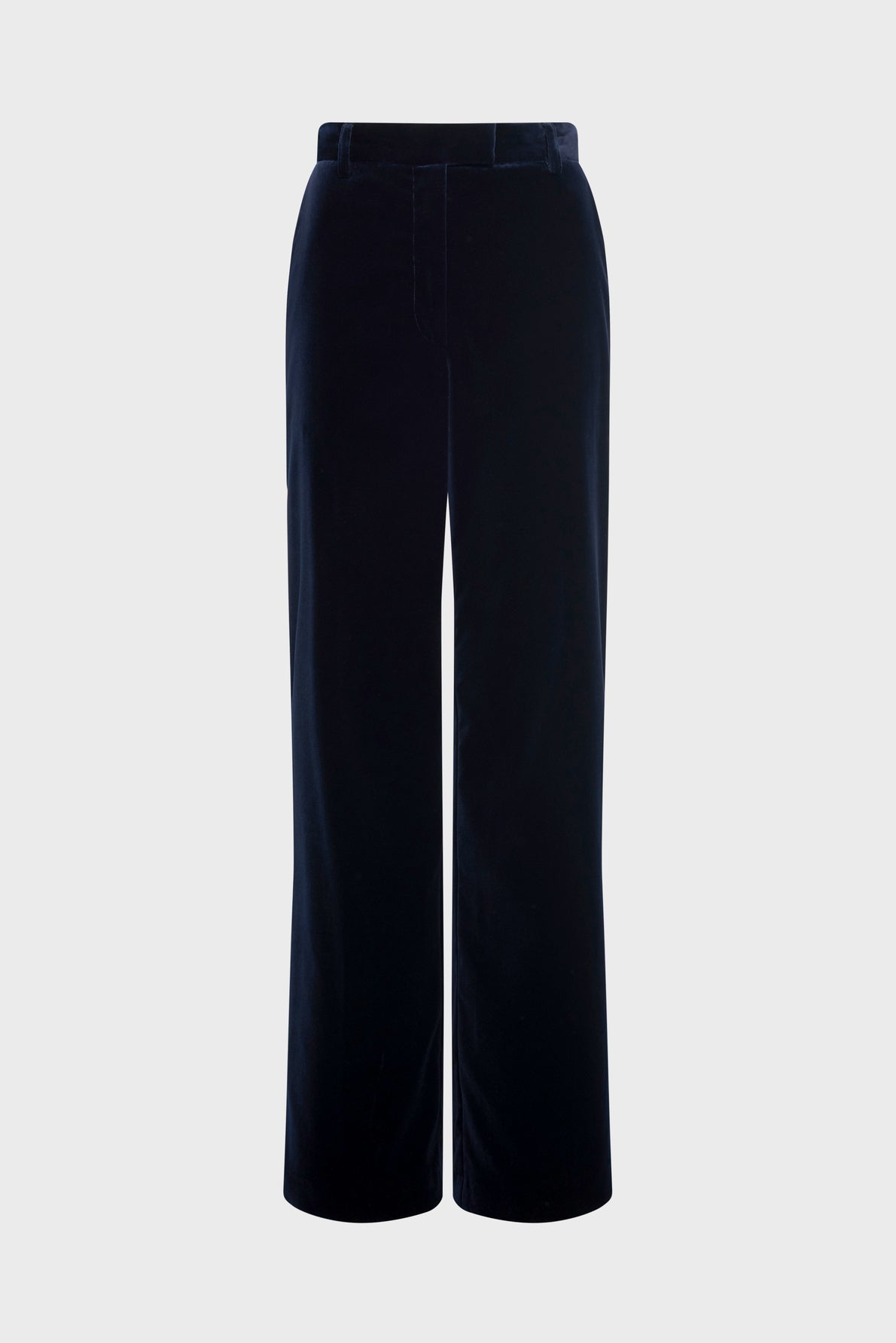 Navy blue velvet trousers (pantalon en velours bleu nuit) with a straight-leg fit, high waist, and subtle waistband details, displayed against a plain light gray background.