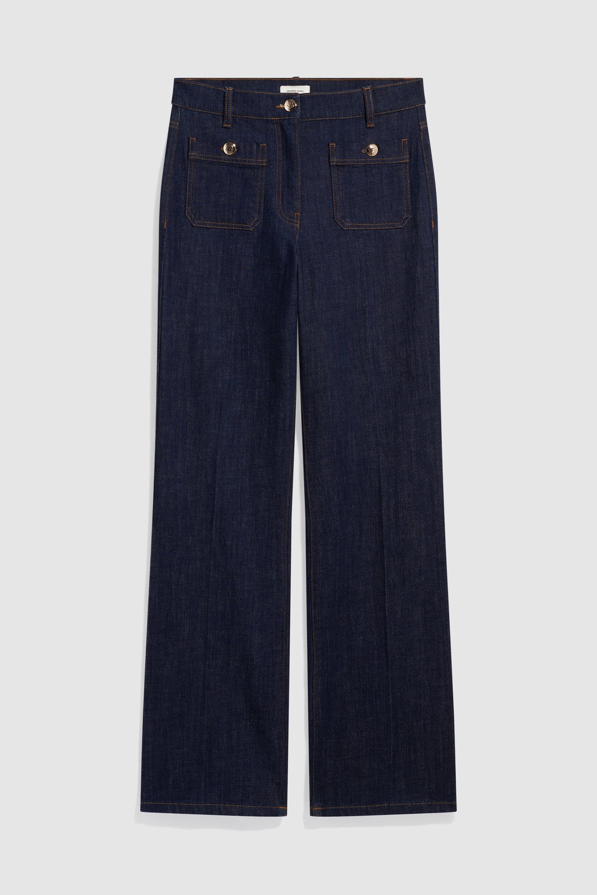 Dark blue denim jeans with a taille haute and coupe droite, featuring wide legs, two front patch pockets with buttons, belt loops, and visible stitching, laid flat on a light background.