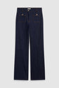 Dark blue denim jeans with a taille haute and coupe droite, featuring wide legs, two front patch pockets with buttons, belt loops, and visible stitching, laid flat on a light background.