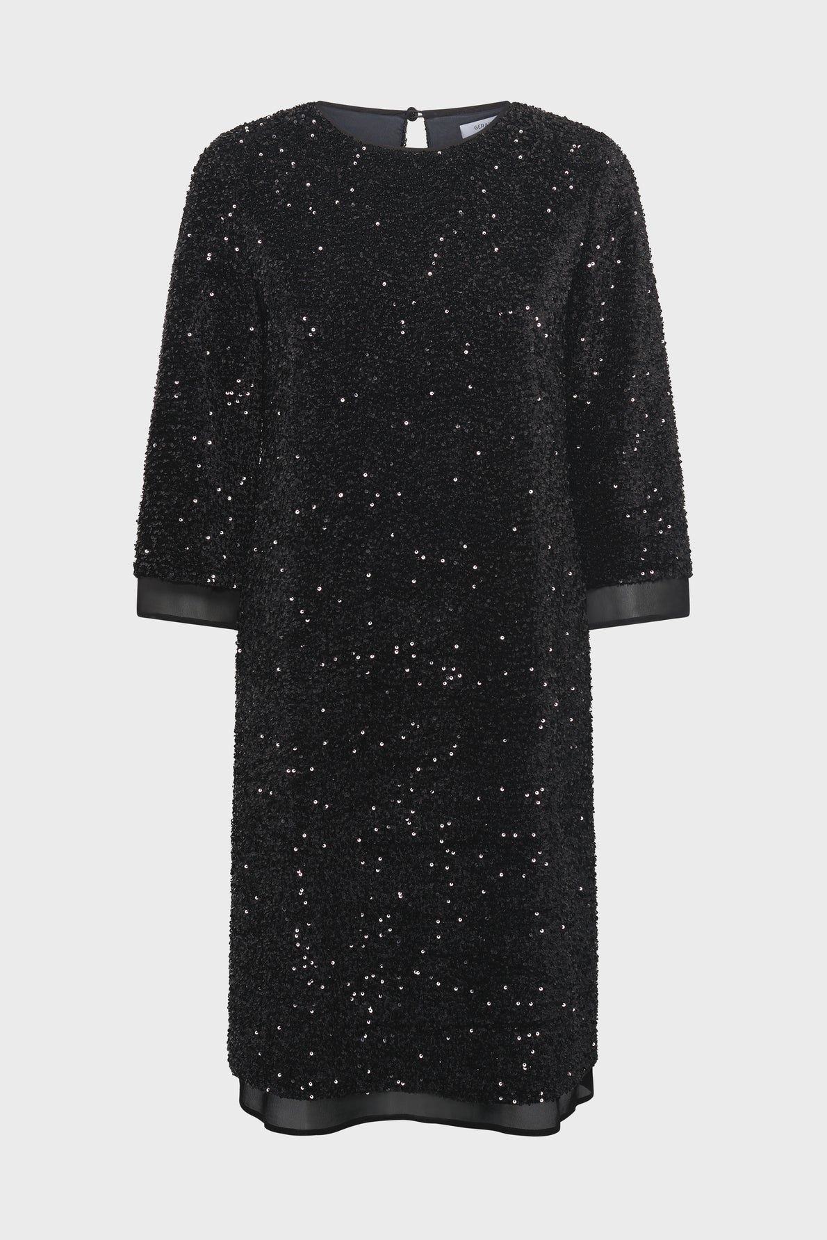 A knee-length, black sequin dress—perfect as a robe mi-longue de soirée—with three-quarter sleeves and a round neckline, featuring a subtle sheer trim at the sleeve ends and hem, displayed on a plain white background.