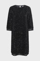 A knee-length, black sequin dress—perfect as a robe mi-longue de soirée—with three-quarter sleeves and a round neckline, featuring a subtle sheer trim at the sleeve ends and hem, displayed on a plain white background.