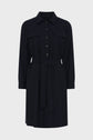 Black long-sleeve, collared chemise shirt dress with front buttons, two chest pockets, and a matching waist tie belt, displayed on a plain white background. This robe Léa offers a modern twist on the classic robe courte style.