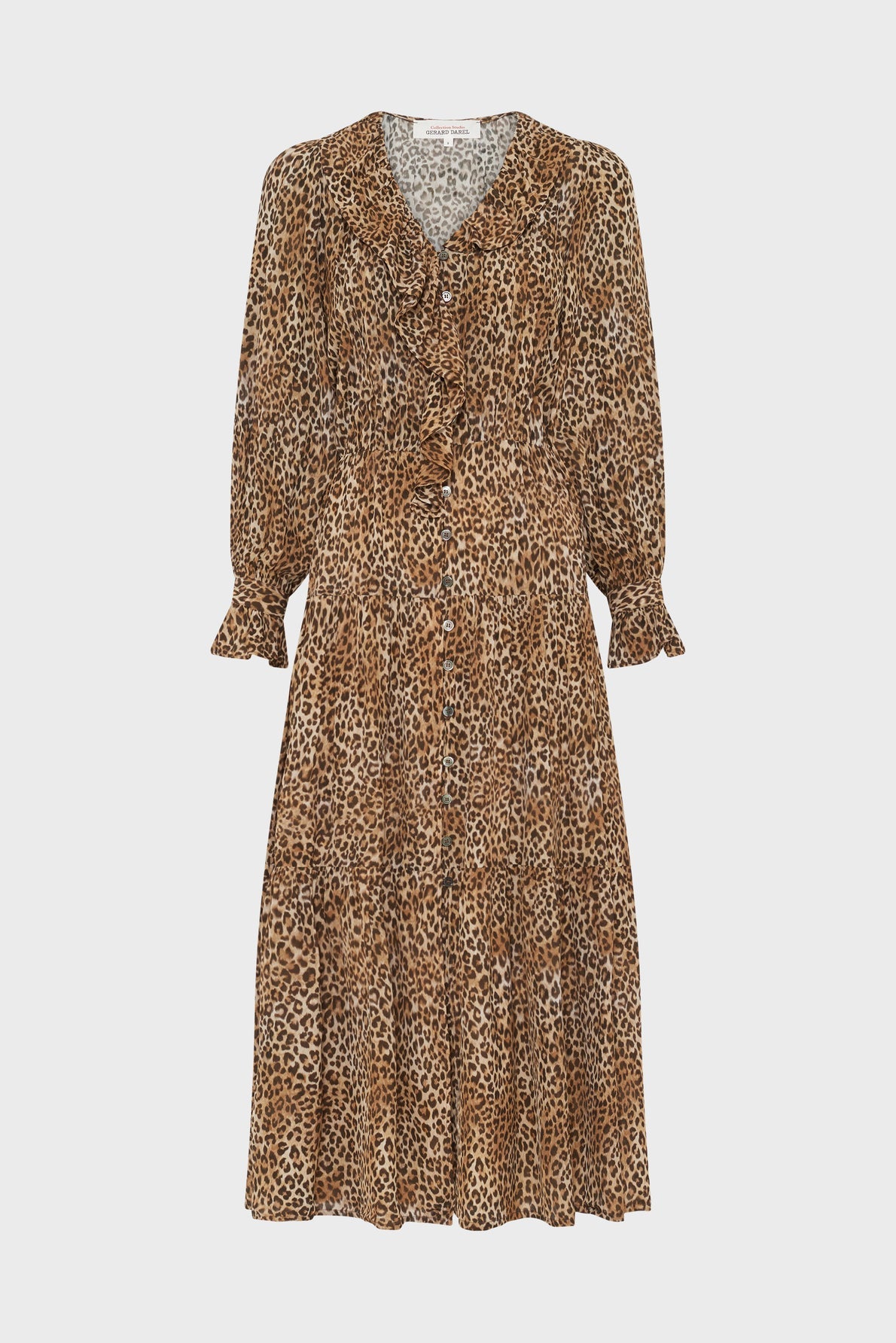 A long-sleeved, mid-length robe léopard with a brown and black leopard print, featuring a ruffled V-neck collar and ruffled cuffs.