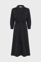 A long-sleeve black midi robe chemise featuring a shirt collar, button-down front, chest pockets, and a ceinture à nouer crafted from matching fabric at the waist.