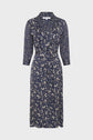 Navy blue, long-sleeve, button-down midi dress with a collar, floral print, and a matching waist tie, displayed on a plain white background.