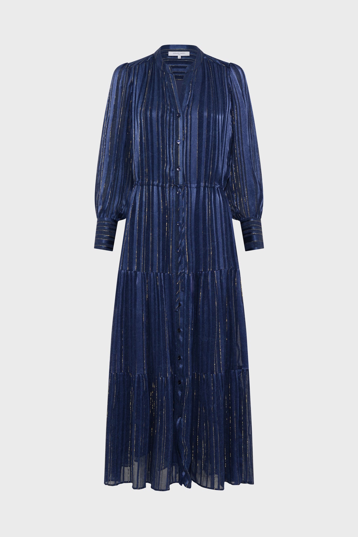 Navy blue robe longue à manches longues with vertical sheer stripes, button-down front, tiered skirt, and subtle lurex doré details for a touch of shimmer.
