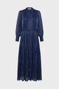 Navy blue robe longue à manches longues with vertical sheer stripes, button-down front, tiered skirt, and subtle lurex doré details for a touch of shimmer.