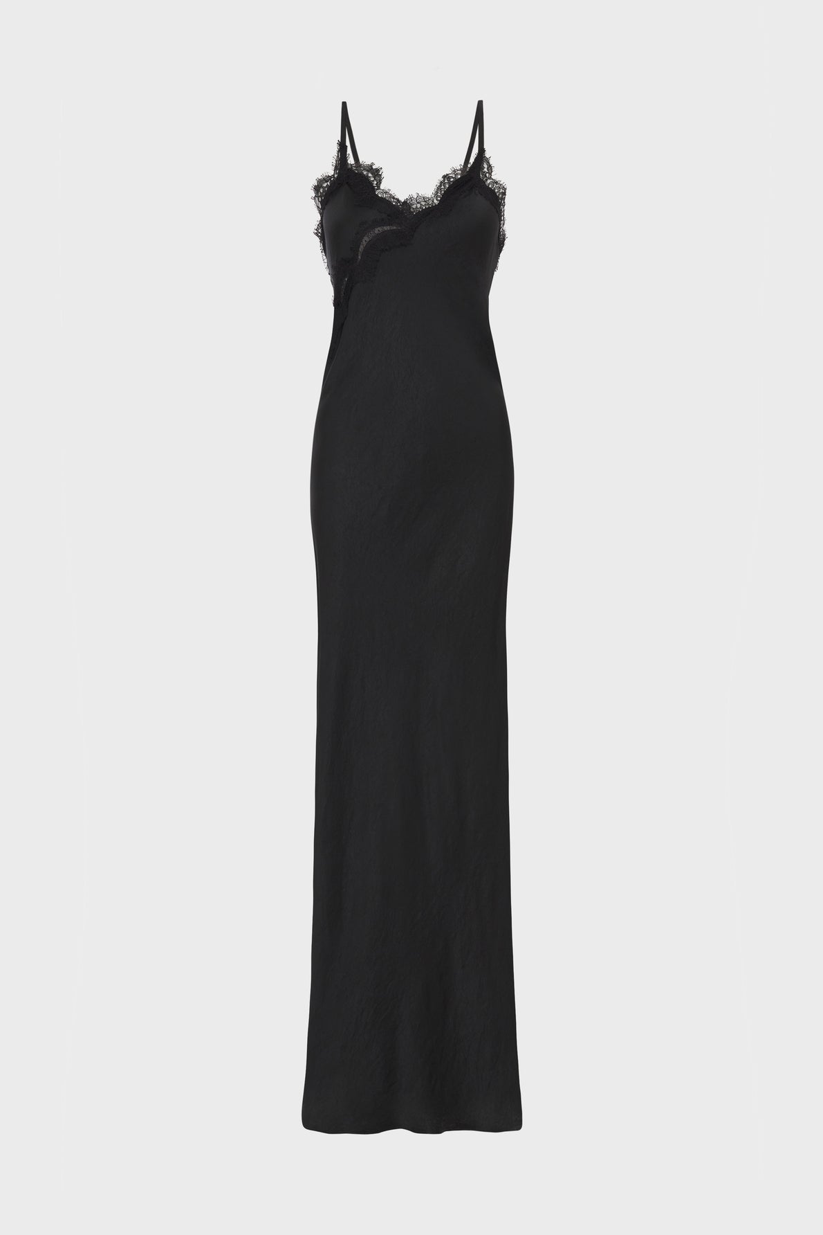 A long black slip dress crafted in satin, featuring thin spaghetti straps and delicate lace trim along the neckline for an Esprit glamour touch, displayed on a plain white background.