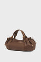 A brown cuir sac à main with gold-tone hardware, dual handles, and cinched sides, displayed on a plain white background.