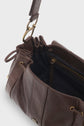 Open brown leather sac bandoulière with gold hardware, showing black interior lining, a zippered pocket, small compartments, and an adjustable strap.