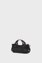 A small black leather handbag with gold hardware, double handles, and a structured, rounded shape crafted from cuir grainé, featuring a bandoulière amovible, set against a plain white background.