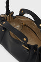 Black leather mini sac à main with gold-tone hardware, open to show a metallic gold interior and a zippered pocket inside. The bag features a textured cuir grainé finish and is partially unzipped, revealing its spacious lining.