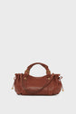 A brown cuir sac à main with gold hardware, short double handles, and side drawstring details—this it-bag 24H is set against a plain light background.