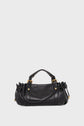 A black leather handbag (sac à main) with gold hardware, double handles, a bandoulière amovible, and side drawstring details, displayed against a plain light gray background.