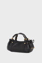 A black cuir leather sac à main with gold hardware, short double handles, and side drawstring accents, displayed against a plain light gray background.