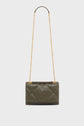 A rectangular olive green sac matelassé en cuir, this quilted leather handbag features a gold chain strap and a subtle embossed logo on the front flap, embodying the timeless elegance of a sac créateur. Set against a plain white background, it’s both sophisticated and versatile.