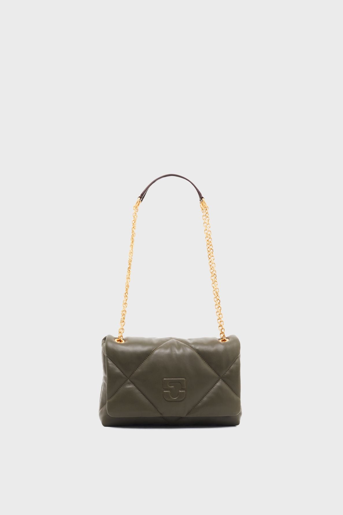 Olive green quilted sac matelassé handbag with a gold chain strap and a small embossed logo on the front. The background is plain white.