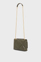 Olive green sac matelassé quilted handbag with a long gold chain strap and a leather shoulder pad, set against a plain white background.