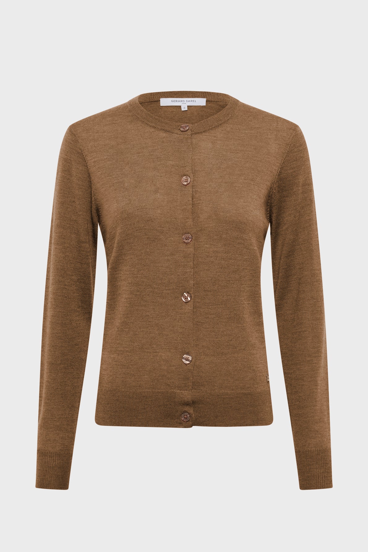 A brown, long-sleeve, button-up cardigan with a round neckline displayed on a plain white background.