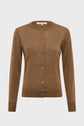 A brown, long-sleeve, button-up cardigan with a round neckline displayed on a plain white background.