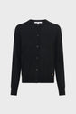 Black long-sleeve button-up cardigan with a crew neck, ribbed cuffs, and hem. A small gold logo detail is located near the bottom hem on the left side. The cardigan is displayed on a plain white background.
