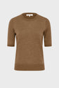 A brown, short-sleeved knit sweater with a crew neckline, displayed on a plain white background. The sweater has a simple, classic design with a small stitched logo near the hem.