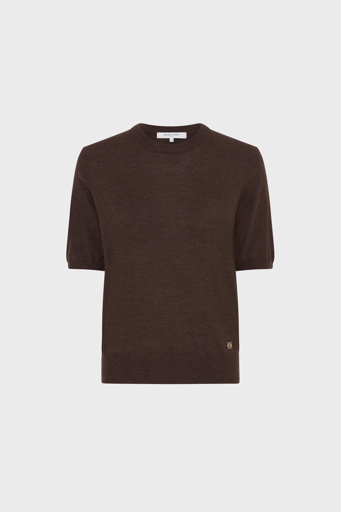 A plain, short-sleeved, dark brown laine mérinos knit sweater with a col rond crew neckline, displayed against a white background.