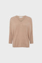 Light brown, long-sleeve, V-neck sweater with a relaxed fit displayed on a plain white background.