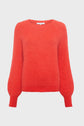 Bright red “rouge baiser”, long-sleeve knit sweater crafted from laine mélangée, featuring a crew neckline and stylish balloon sleeves, displayed on a plain white background.