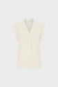 Sleeveless cream-colored knit cardigan with a V-neck and front button closure, displayed on a plain white background.